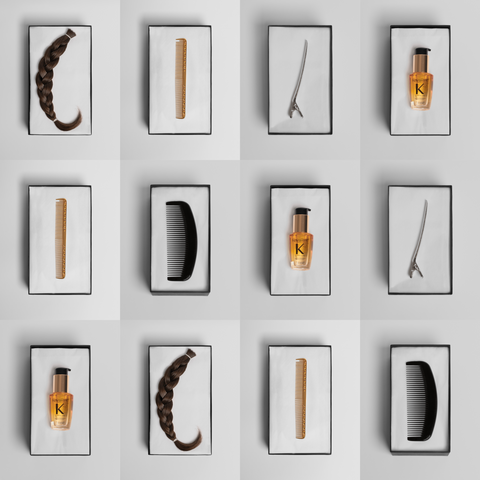 Produits capillaires et outils de coiffure professionnels utilisés en salon.